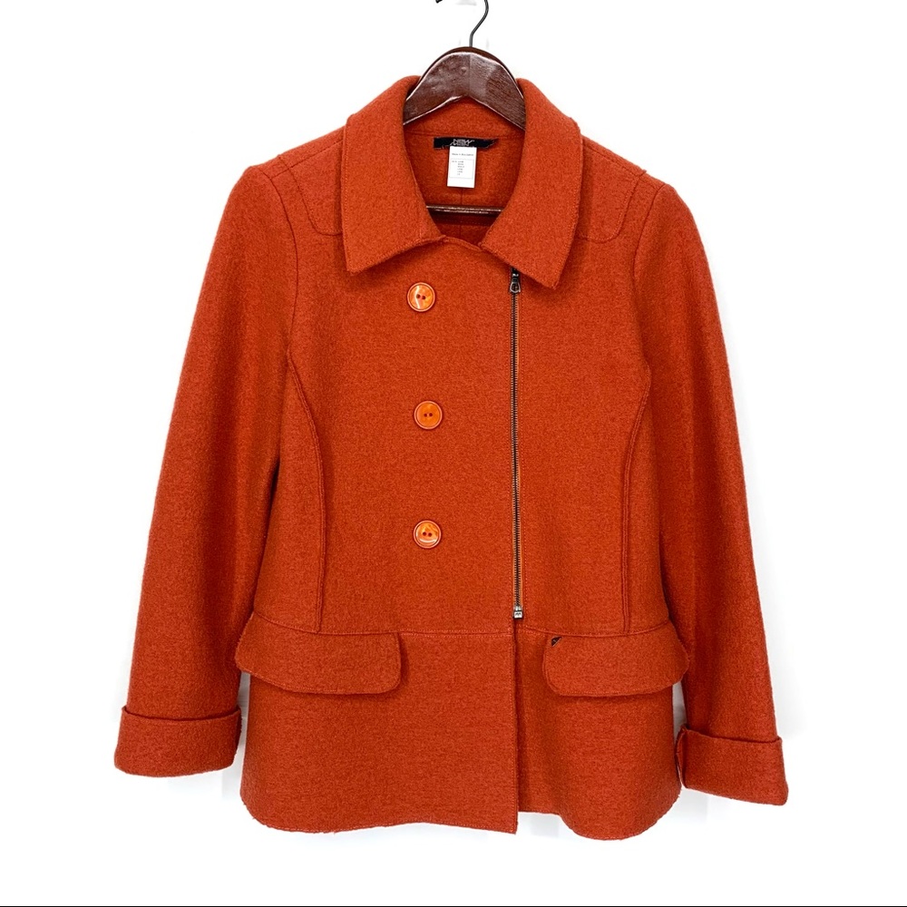 New Man The Place London Orange 100% Wool Orange Pea Coat Moto Jacket Size 2